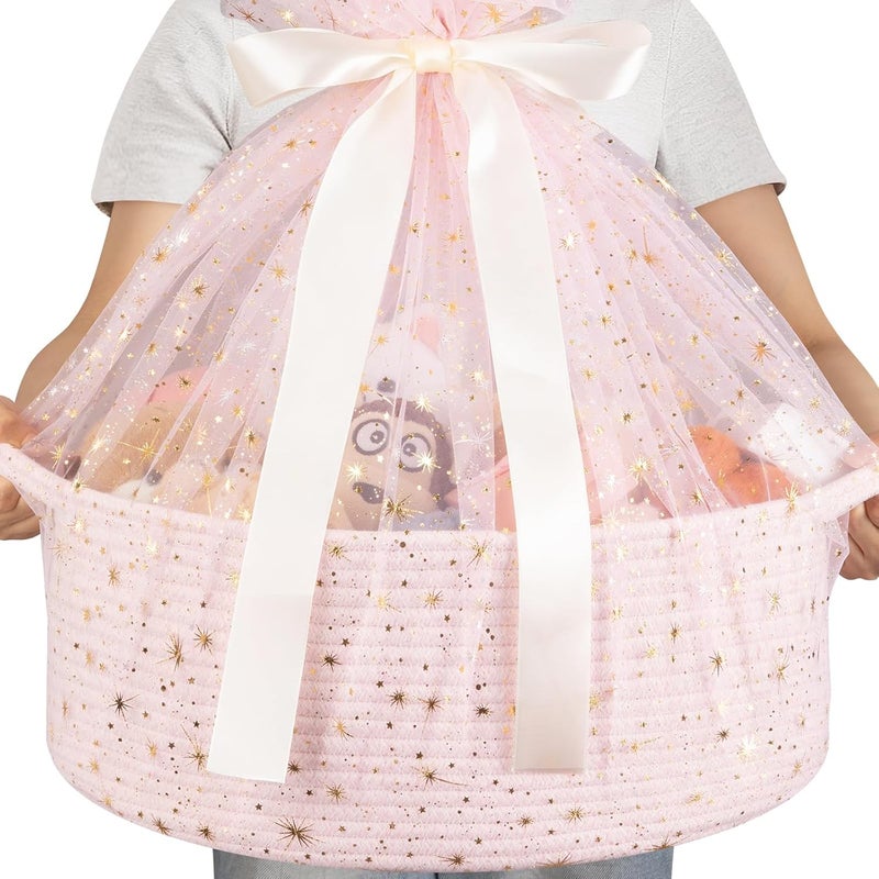 OIAHOMY Large Gift Basket Empty 17" x 12.6" x 7", Storage Basket with Gift Bag, Ribbon and Glitter Tulle for DIY Anytime, Toy Storage for Kids, Dogs with Handles in A Stylish Design - Pink - Image 1